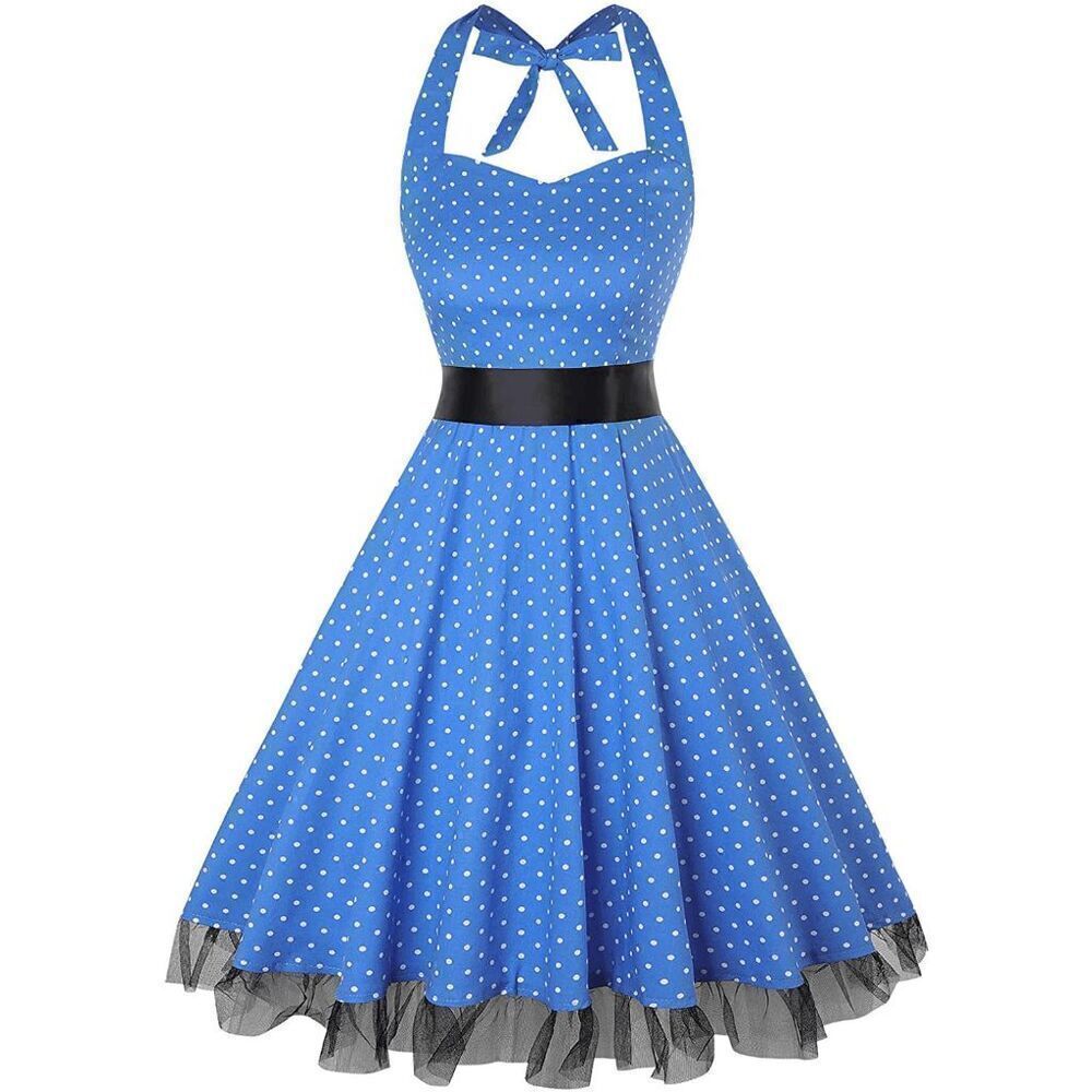 💙 NWT Pinup Retro 1950s Blue Polka Dot Tulle Hem Halter Tea Dress with Belt M - Picture 5 of 14